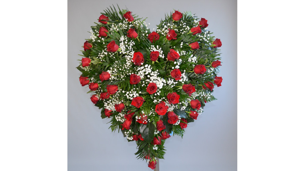 Corazón de rosas compuesto por helecho chico, helecho cuero, aralia, palmito, paniculata, rosas